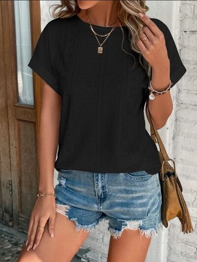 Eyelet Round Neck Short Sleeve T-Shirt - EMMY