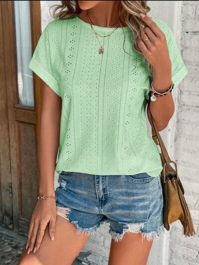 Eyelet Round Neck Short Sleeve T-Shirt - EMMY