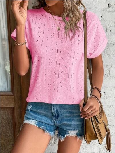 Eyelet Round Neck Short Sleeve T-Shirt - EMMY