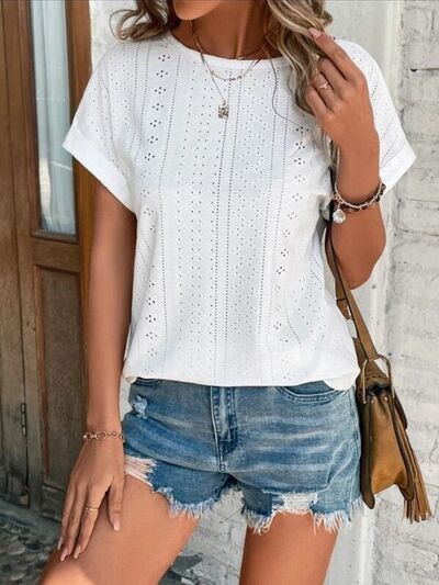 Eyelet Round Neck Short Sleeve T-Shirt - EMMY