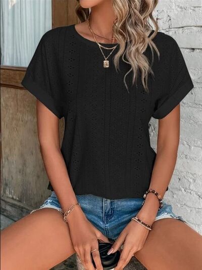 Eyelet Round Neck Short Sleeve T-Shirt - EMMY