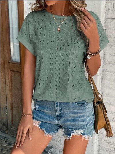 Eyelet Round Neck Short Sleeve T-Shirt - EMMY