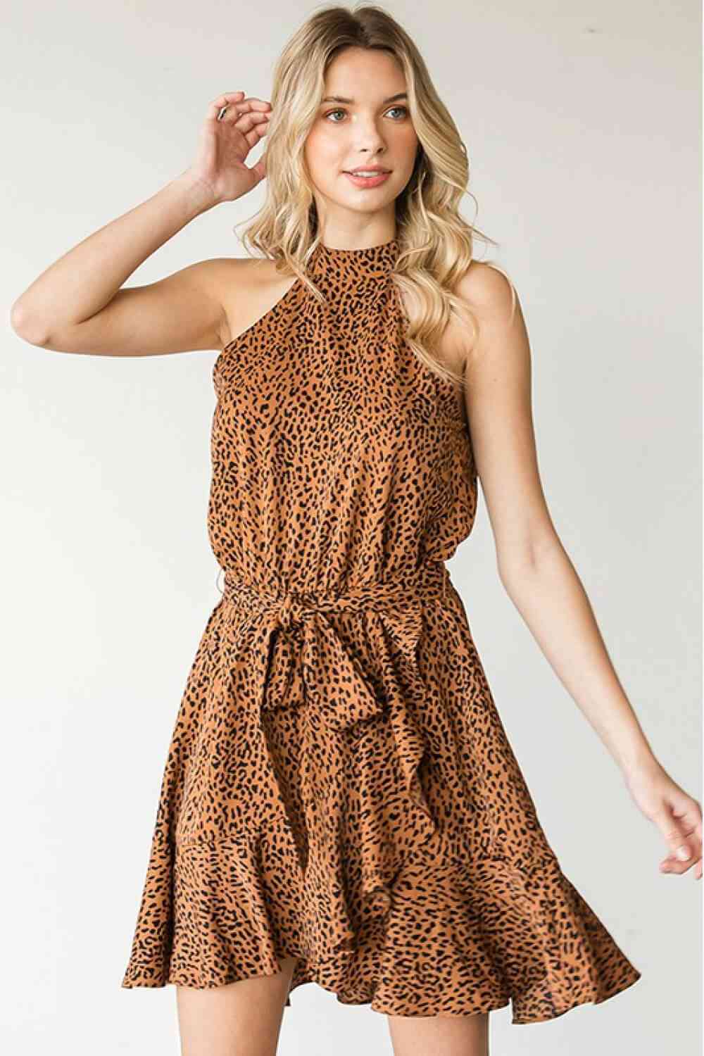 First Love Full Size Leopard Belted Sleeveless Dress - EMMY