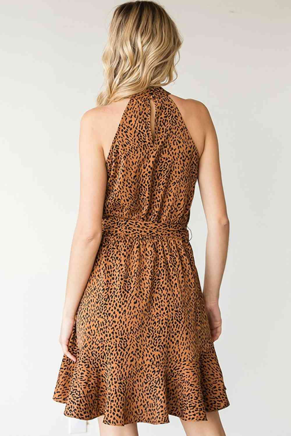 First Love Full Size Leopard Belted Sleeveless Dress - EMMY