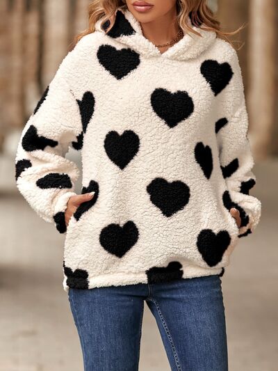 Fuzzy Heart Pocketed Dropped Shoulder Hoodie - EMMY