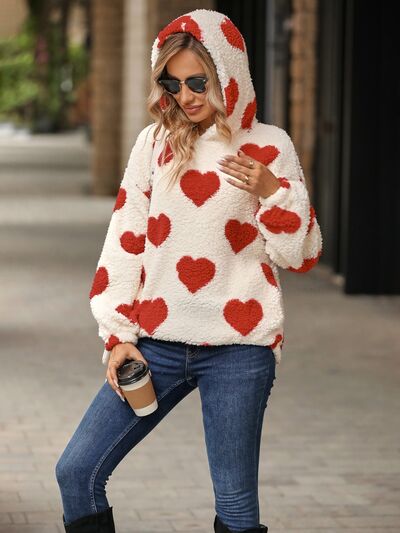 Fuzzy Heart Pocketed Dropped Shoulder Hoodie - EMMY