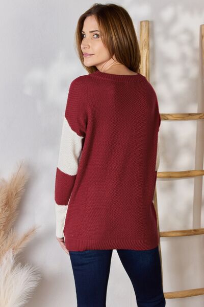 Hailey & Co Full Size Color Block Dropped Shoulder Knit Top - EMMY