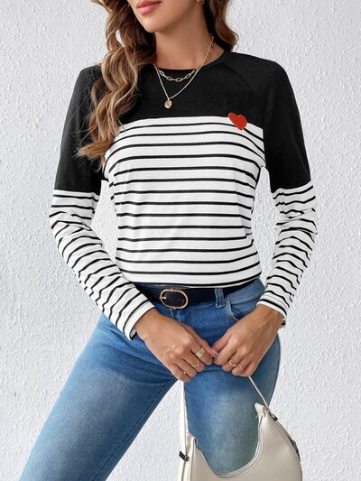 Heart Patch Striped Round Neck Long Sleeve T-Shirt - EMMY