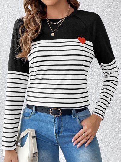 Heart Patch Striped Round Neck Long Sleeve T-Shirt - EMMY