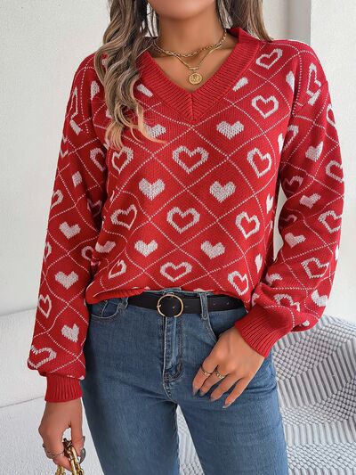 Heart Pattern V-Neck Long Sleeve Sweater - EMMY