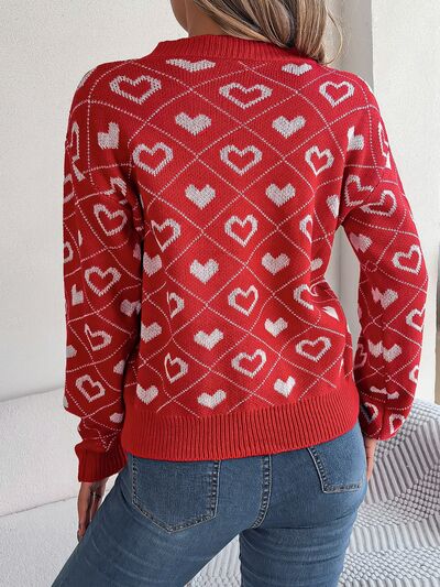 Heart Pattern V-Neck Long Sleeve Sweater - EMMY