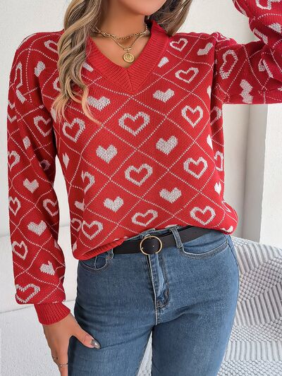 Heart Pattern V-Neck Long Sleeve Sweater - EMMY