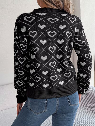 Heart Pattern V-Neck Long Sleeve Sweater - EMMY