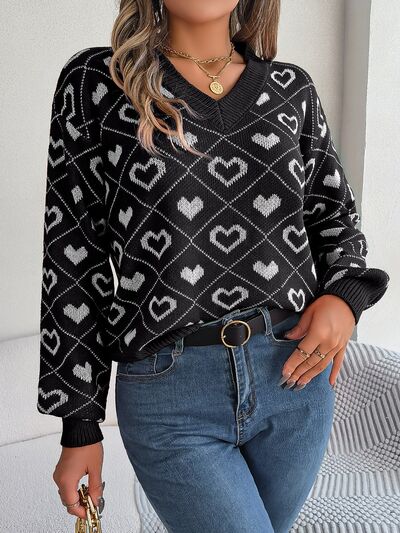 Heart Pattern V-Neck Long Sleeve Sweater - EMMY