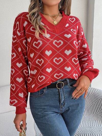 Heart Pattern V-Neck Long Sleeve Sweater - EMMY