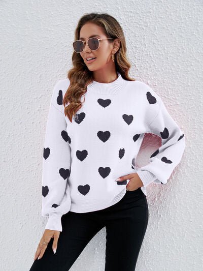 Heart Round Neck Dropped Shoulder Sweater - EMMY