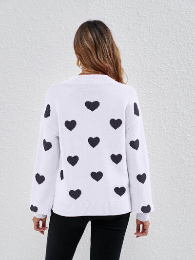 Heart Round Neck Dropped Shoulder Sweater - EMMY