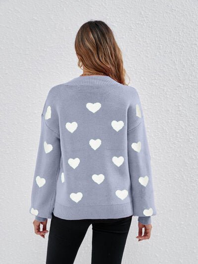 Heart Round Neck Dropped Shoulder Sweater - EMMY