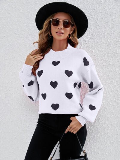 Heart Round Neck Dropped Shoulder Sweater - EMMY