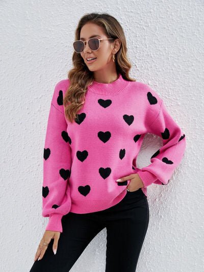 Heart Round Neck Dropped Shoulder Sweater - EMMY