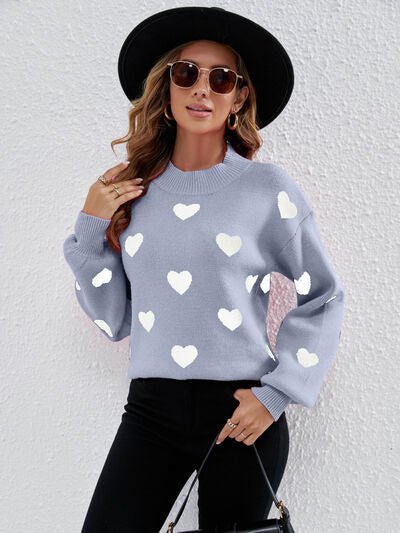 Heart Round Neck Dropped Shoulder Sweater - EMMY