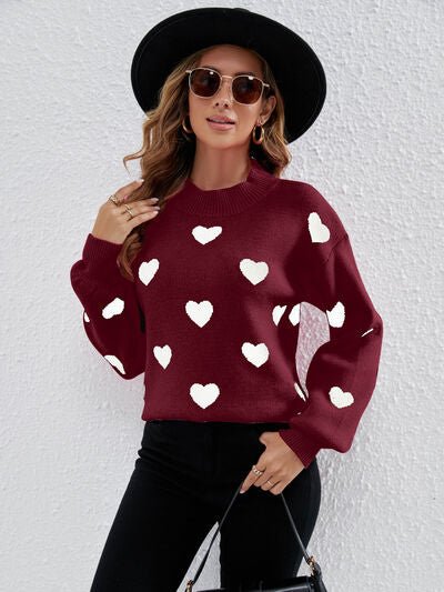 Heart Round Neck Dropped Shoulder Sweater - EMMY