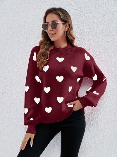 Heart Round Neck Dropped Shoulder Sweater - EMMY