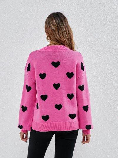 Heart Round Neck Dropped Shoulder Sweater - EMMY