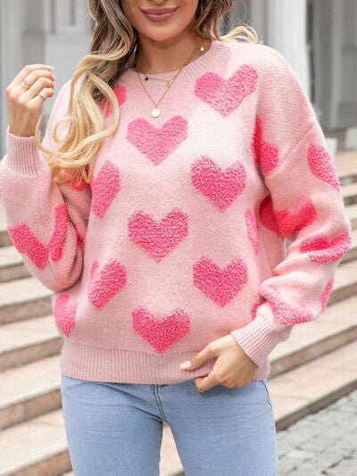 Heart Round Neck Dropped Shoulder Sweater - EMMY