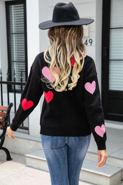 Heart Round Neck Droppped Shoulder Sweater - EMMY