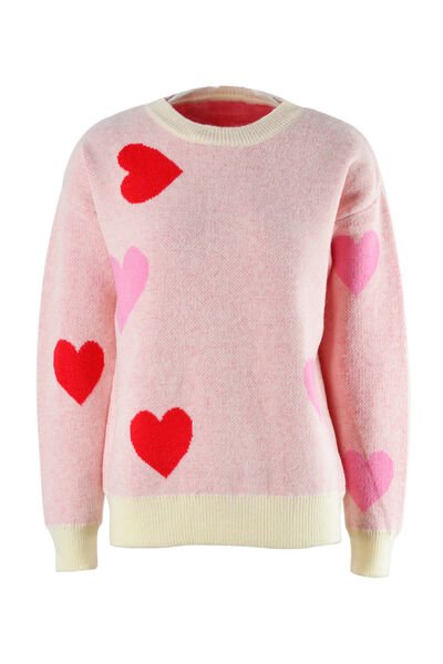 Heart Round Neck Droppped Shoulder Sweater - EMMY