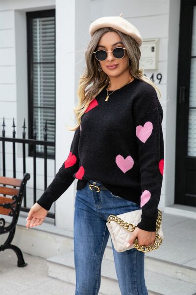 Heart Round Neck Droppped Shoulder Sweater - EMMY