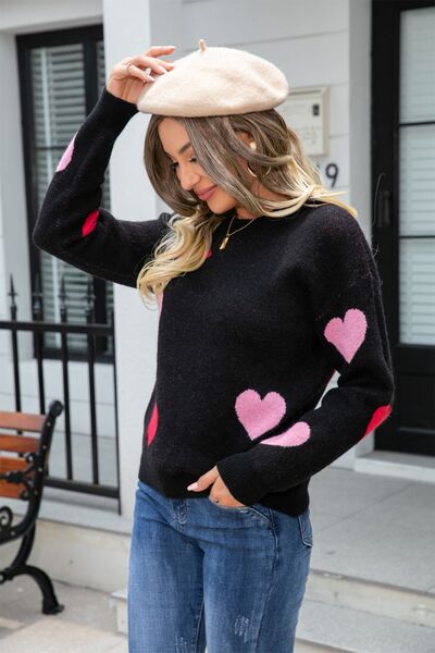 Heart Round Neck Droppped Shoulder Sweater - EMMY