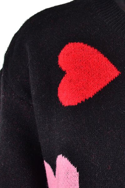 Heart Round Neck Droppped Shoulder Sweater - EMMY