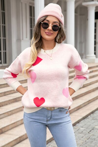 Heart Round Neck Droppped Shoulder Sweater - EMMY