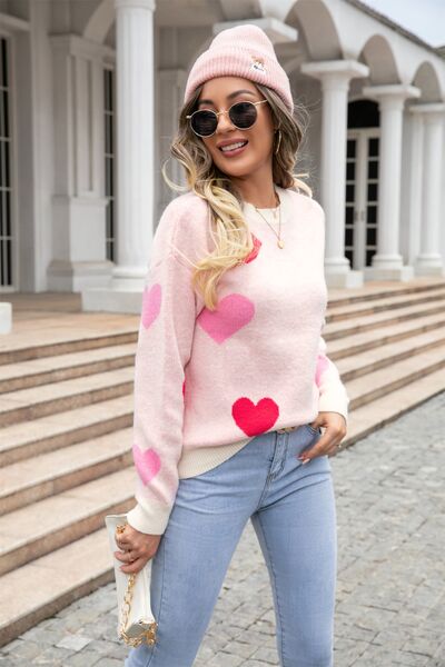 Heart Round Neck Droppped Shoulder Sweater - EMMY