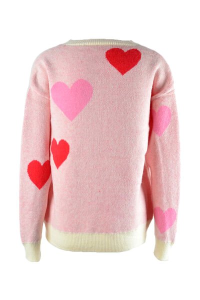 Heart Round Neck Droppped Shoulder Sweater - EMMY