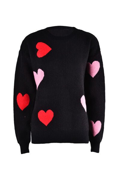 Heart Round Neck Droppped Shoulder Sweater - EMMY