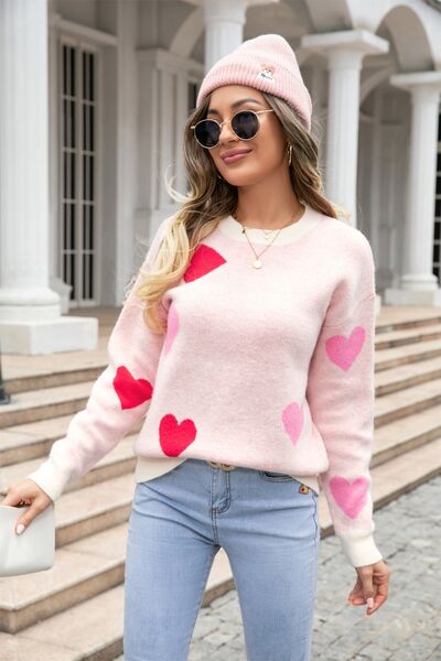 Heart Round Neck Droppped Shoulder Sweater - EMMY