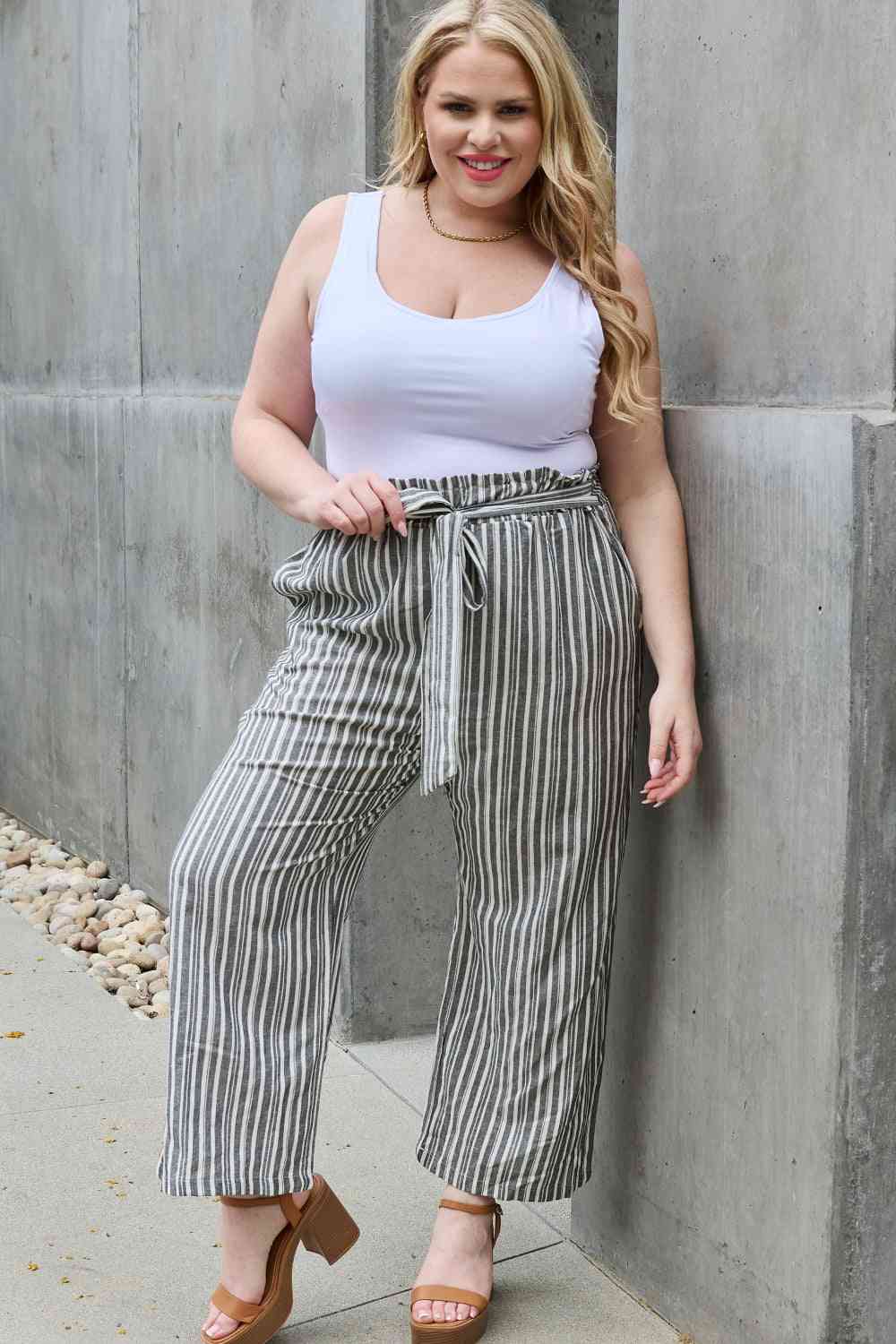 Heimish Find Your Path Full Size Paperbag Waist Striped Culotte Pants - EMMY