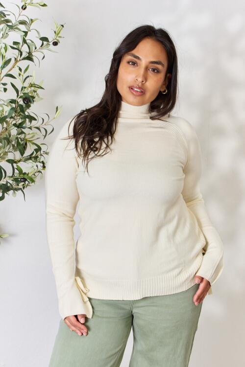 Heimish Full Size Ribbed Bow Detail Long Sleeve Turtleneck Knit Top - EMMY