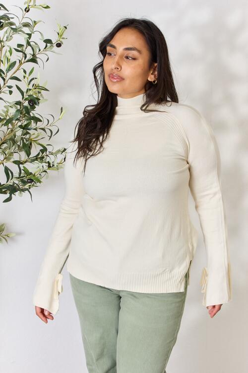 Heimish Full Size Ribbed Bow Detail Long Sleeve Turtleneck Knit Top - EMMY