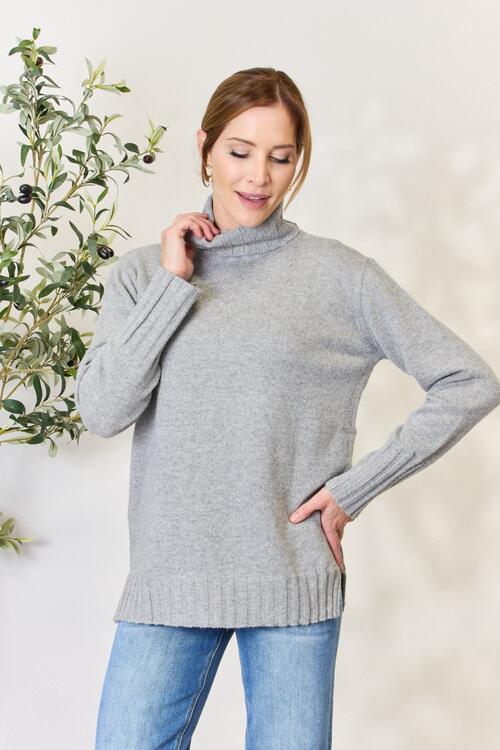Heimish Full Size Turtleneck Long Sleeve Slit Sweater - EMMY