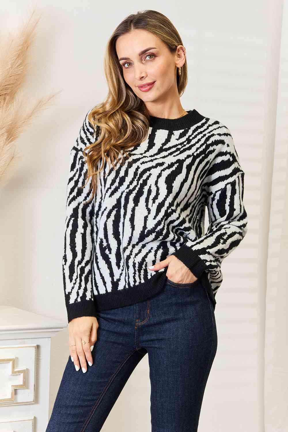 Heimish Full Size Zebra Print Sweater - EMMY