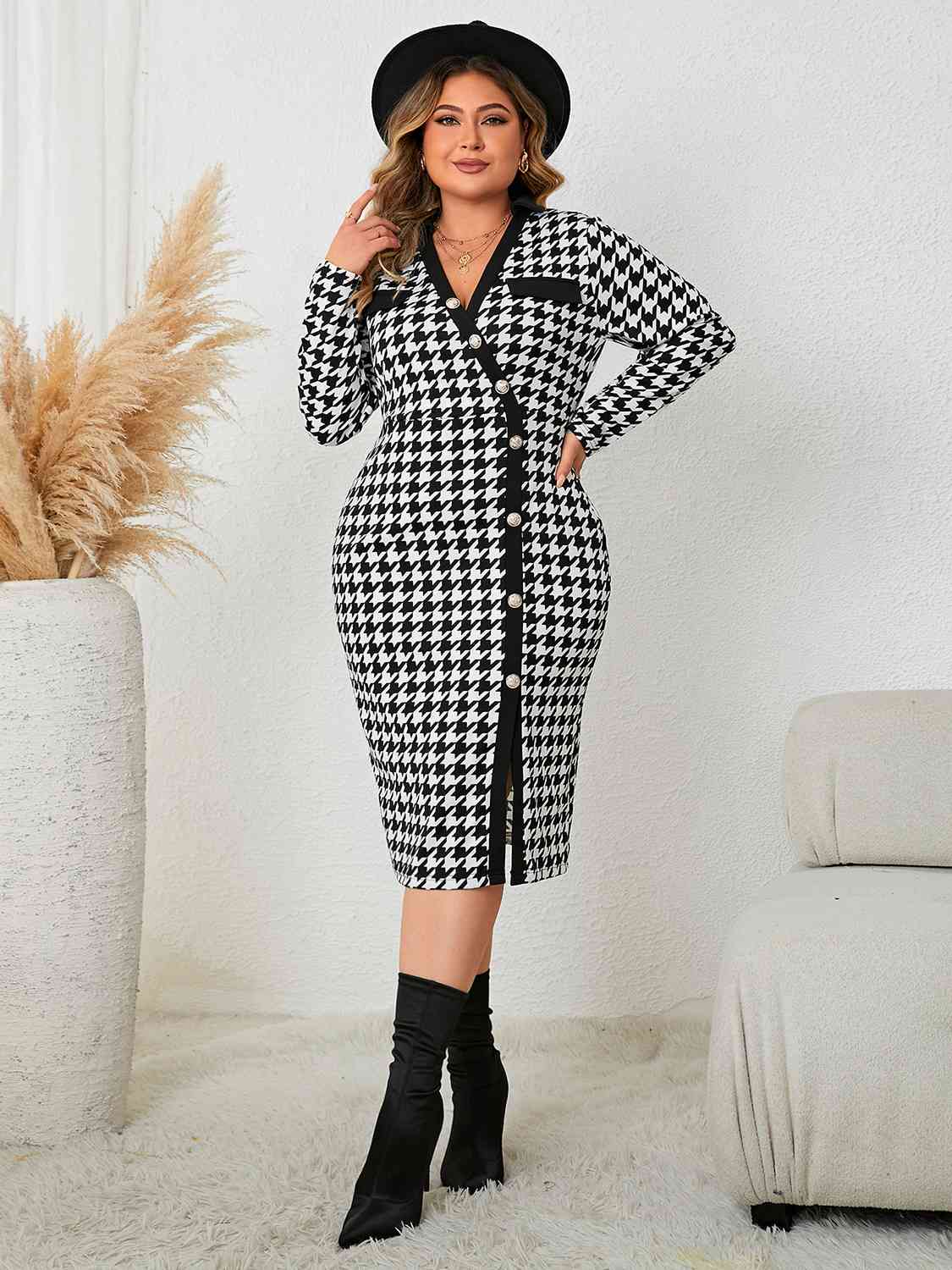 Houndstooth Long Sleeve Slit Dress - EMMY