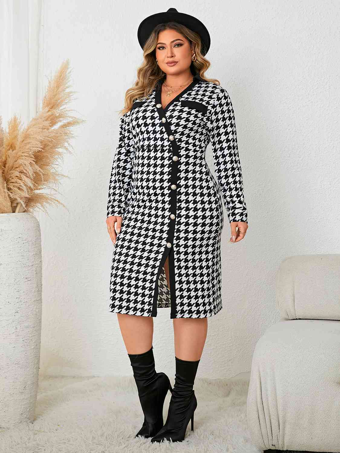 Houndstooth Long Sleeve Slit Dress - EMMY