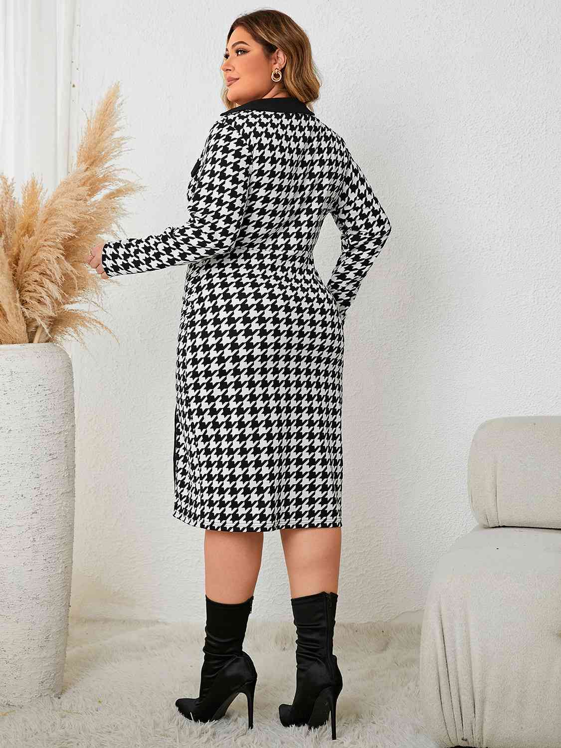 Houndstooth Long Sleeve Slit Dress - EMMY