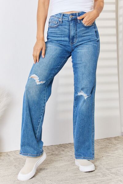 Judy Blue Full Size High Waist Distressed Straight-Leg Jeans - EMMY