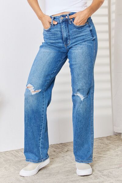 Judy Blue Full Size High Waist Distressed Straight-Leg Jeans - EMMY