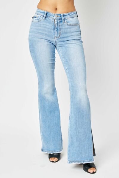 Judy Blue Full Size Mid Rise Raw Hem Slit Flare Jeans - EMMY